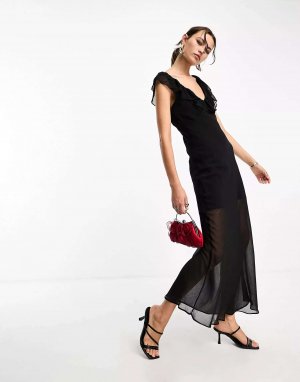 Гламурное черное прозрачное платье миди с v-образным вырезом и оборками Glamorous