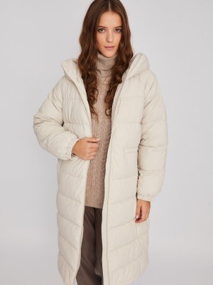 Тёплая длинная куртка-пальто из экокожи с капюшоном и кулиской на талии zolla. Цвет: молоко