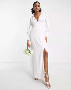 Белое атласное платье макси с длинными рукавами Bridal Y.A.S