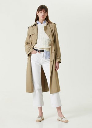 Бежевое двубортное верхнее пальто с классическим воротником Polo Ralph Lauren. Цвет: бежевый