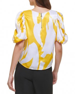 Блуза Short Sleeve Printed Satin Blouse, цвет White/Pop Yellow Multi DKNY