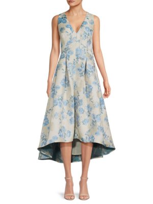 Жаккардовое плиссированное платье с высоким и низким вырезом цветочным принтом металлик , синий Eliza J