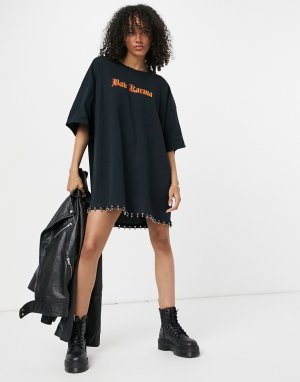 Винтажное oversized платье-футболка с принтом Bad Karma и декорированным подолом -Черный цвет Milk It