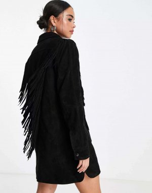 Черное платье из натуральной кожи с бахромой Urbancode