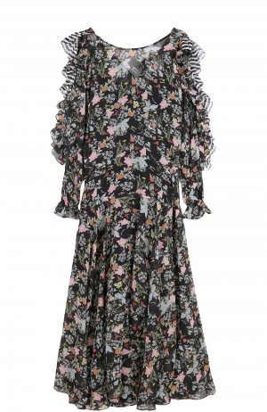 Приталенное платье-миди с принтом и оборками PREEN by Thornton Bregazzi. Цвет: чёрный