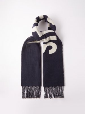 Шерстяной шарф с жаккардовым логотипом и бахромой , синий Jacquemus