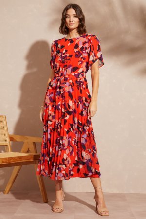Летнее плиссированное платье миди с принтом тюльпан и поясом , красный Love & Roses