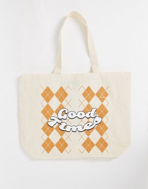 Большая сумка-тоут кремового и оранжевого цвета с надписью Good Times -Белый New Girl Order
