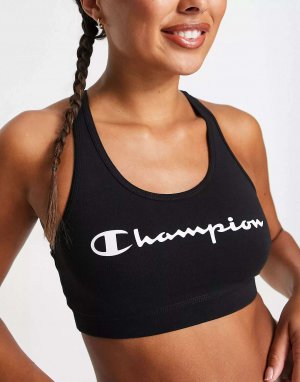 Черный спортивный бюстгальтер с большим логотипом Training Champion