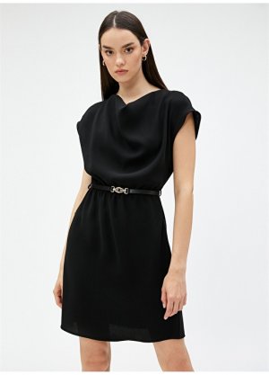 Однотонное черное короткое женское платье с круглым вырезом Koton