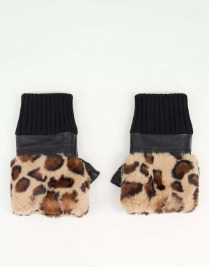 Леопардовые кожаные перчатки без пальцев с отделкой искусственным мехом Jayley