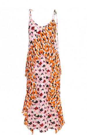 Платье-миди с цветочным принтом и плиссированными оборками Kenzo. Цвет: розовый