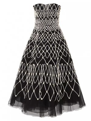 Коктейльное платье без бретелек из тюля шале, расшитое бисером и вышивкой , цвет black pearl Carolina Herrera
