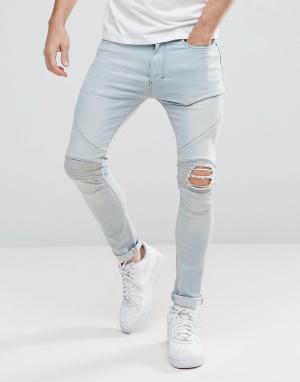 Байкерские джинсы скинни с рваными коленями Religion. Цвет: синий