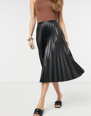Черная плиссированная юбка миди из искусственной кожи -Черный Closet London