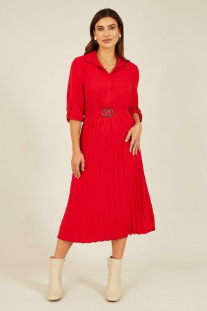 Красное платье-миди с плиссированной юбкой и золотой пряжкой Mela, красный MELA