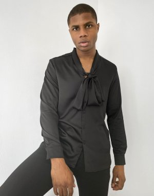 Черная атласная рубашка с длинными рукавами -Черный цвет ASOS DESIGN