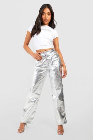 Прямые джинсы серебряного цвета с высокой посадкой пу покрытием , серебряный Boohoo