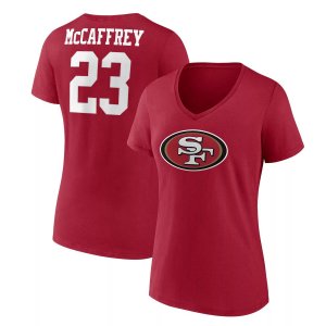 Женская футболка с логотипом Christian McCaffrey Scarlet San Francisco 49ers, значок игрока, имя и номер, v-образным вырезом Fanatics