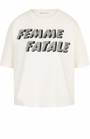 Укороченная хлопковая футболка с пайетками Olympia Le-Tan. Цвет: молочный