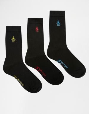 Набор из 3 пар черных носков с разноцветной вышивкой Penguin. Цвет: черный