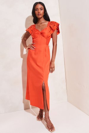 Платье миди с рюшами на рукавах и английской вышивкой , оранжевый Lipsy