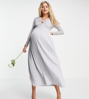 Серое плиссированное платье миди с кружевным топом -Серый Little Mistress Maternity