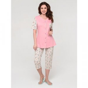 Пижама , рубашка, бриджи, короткий рукав, размер 50, бежевый, розовый Алтекс. Цвет: бежевый/красный/оранжевый