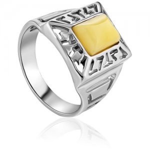 Стильный перстень «Итака» из серебра с натуральным янтарём медового цвета Amberholl