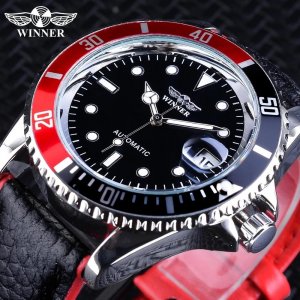 Победитель модные черные красные спортивные часы с календарем автоматические автоподзаводом для мужчин светящиеся стрелки из натуральной кожи WINNER