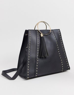Структурированная сумка-тоут с отделкой заклепками -Черный Yoki Fashion