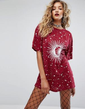 Платье-футболка в стиле оверсайз с принтом звезд и месяца Motel. Цвет: красный
