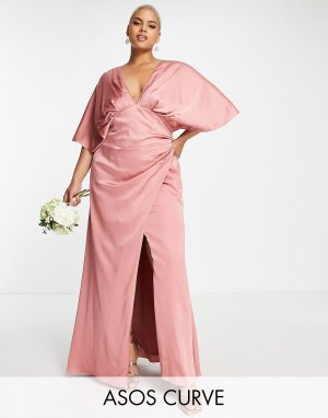 Темно-розовое атласное платье макси с рукавами-кимоно и драпированной юбкой ASOS EDITION Curve