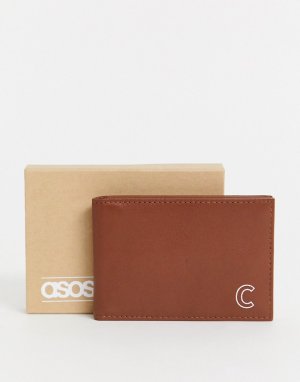 Светло-коричневый кожаный кошелек для карт с инициалом ASOS DESIGN