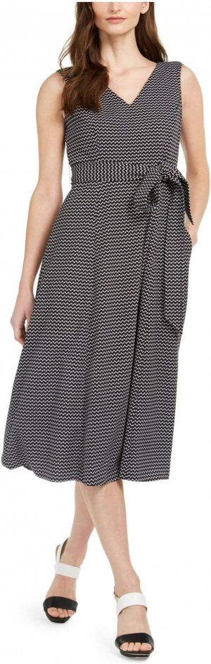 Женское платье миди без рукавов с V-образным вырезом и поясом на талии , цвет Black White Calvin Klein