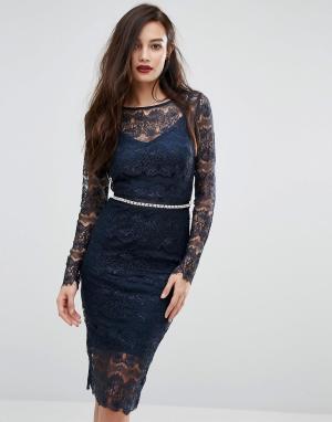 Кружевное облегающее платье с длинными рукавами и завязывающимся поясо Body Frock. Цвет: темно-синий