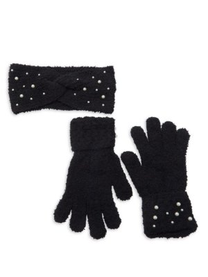 Комплект из 2 предметов: повязка на голову и перчатки, украшенные искусственным жемчугом , черный Vince Camuto