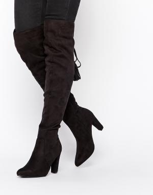 Сапоги-ботфорты на каблуке и шнуровке Missguided. Цвет: черный