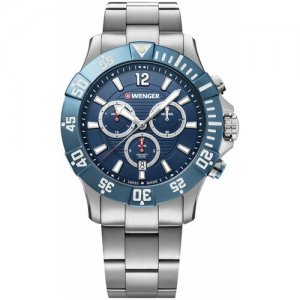 Наручные часы Seaforce Швейцарские Wenger 01.0643.119 с хронографом, серебряный, синий. Цвет: серебристый