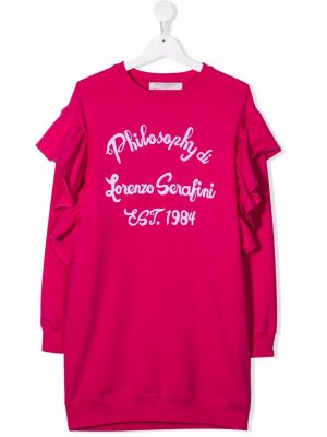 Платье-свитер с оборками и логотипом Philosophy Di Lorenzo Serafini Kids. Цвет: розовый