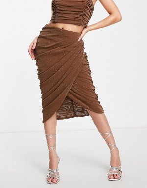 Бежевая юбка миди из сетчатой ткани со сборками от комплекта London-Светло-бежевый цвет Rare