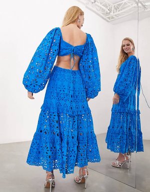 Лазурно-синее платье миди с вырезом и блузкой на рукавах ASOS EDITION