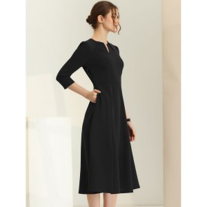 Женское офисное элегантное платье трапециевидной формы с рукавами 3/4 и V-образным вырезом , черный ALLEGRA K
