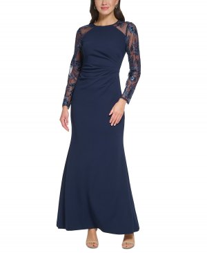 Женское комбинированное платье с отделкой и рюшами по бокам , синий Eliza J
