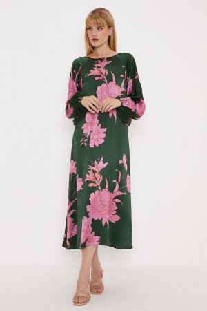 Платье миди из вискозного атласа с большим цветочным принтом , зеленый Oasis