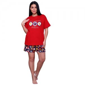Женская домашняя пижама/ костюм (футболка+ шорты) , размер 52 Натали. Цвет: красный