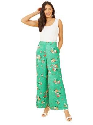 Атласные широкие брюки с цветочным принтом, зеленые Yumi