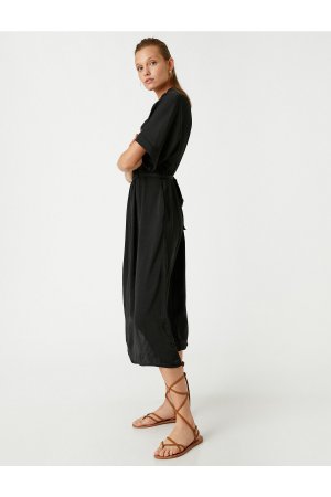 Атласное длинное платье с запахом и короткими рукавами , черный Koton