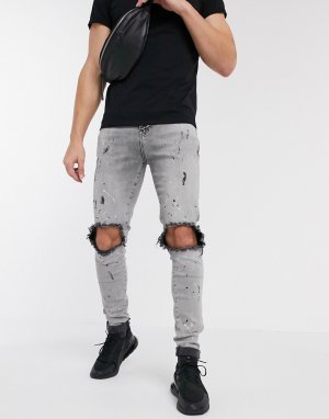 Серые джинсы скинни с рваными коленями и брызгами краски -Серый SikSilk