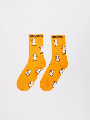 Хлопковые высокие носки с узором zolla. Цвет: оранжевый